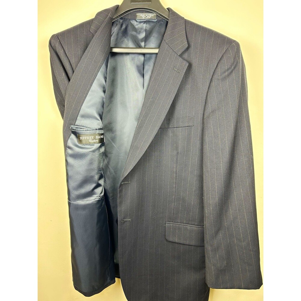 Jeffrey Banks Navy Pinstripe 100% Wool Blazer Jacket 44R Single-Breasted